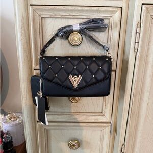 Valentino Orlandi Black Quilted Clutch with Gold Accents